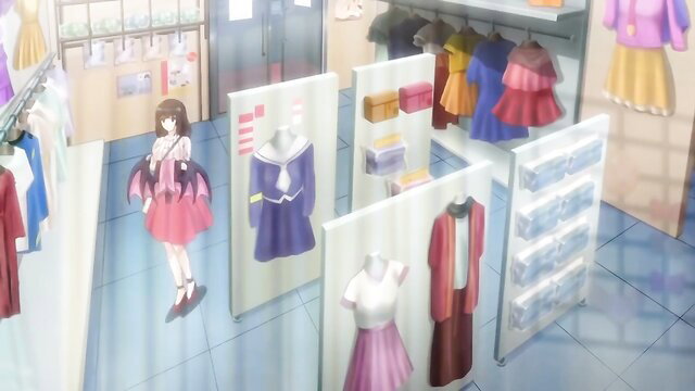 Anime girls in sexy dresses at clothing store, pink outfits and big eyes