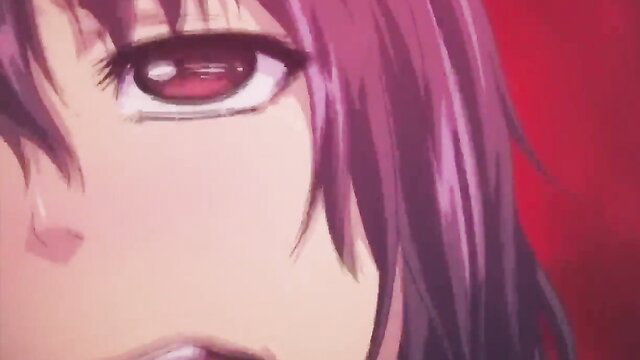 Purple-haired hentai anime girl close-up with red eyes in erotic music video