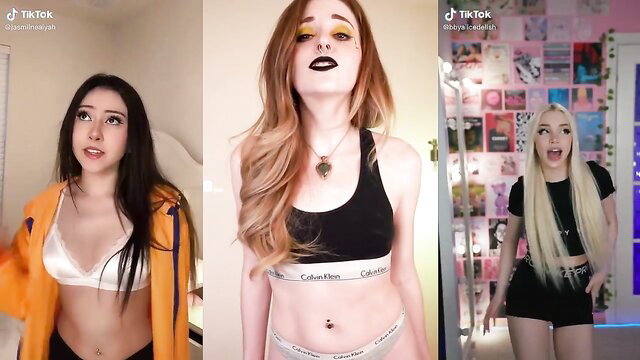 Three sexy TikTok sluts in lingerie, cleavage tease split screen PMV