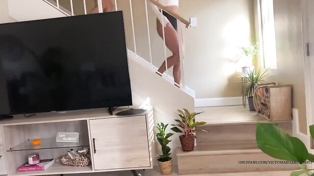 Slim Latina teen in thong walks upstairs, teasing ass view