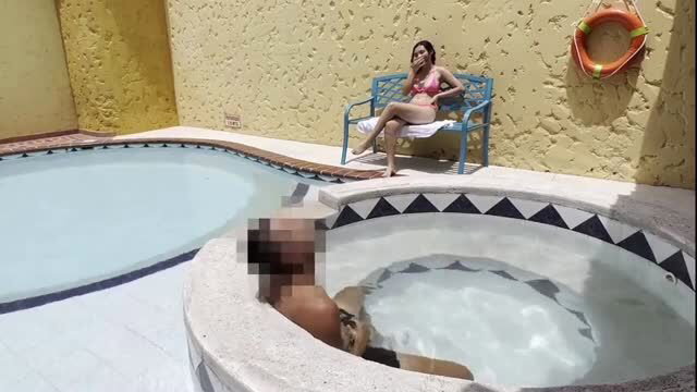 Petite skinny 18 year old in pink bikini at pool with nude man in hot tub