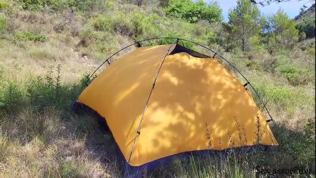 Yellow tent in grassy hillside, tourist catches couple fucking