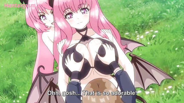 Pink-haired succubus girls groping huge tits in Fushigi No Kuni No Succubus hentai