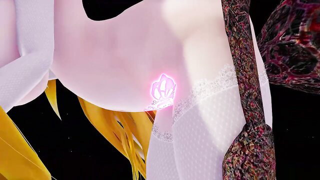 Pink-haired anime girl in white lingerie and stockings with glowing pussy jewel closeup