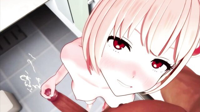 POV closeup of cute pink-haired JAV girl sucking cock smiling