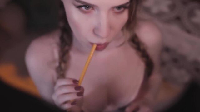 Closeup POV of sexy pale blonde with pigtails sucking yellow pencil ASMR
