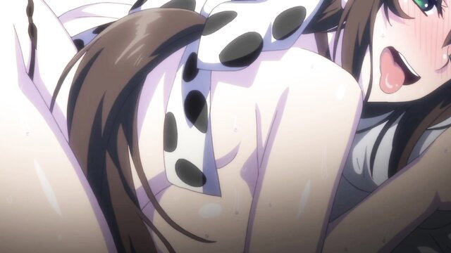 Ecstatic Japanese anime girl with brown ponytail in ahegao face, nude ecstasy