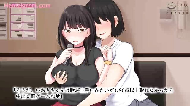 Two busty black-haired hentai girls flirting intimately in co-ed school anime