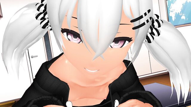 Cute white-haired anime girl with twintails smiling close-up in sexy black hoodie