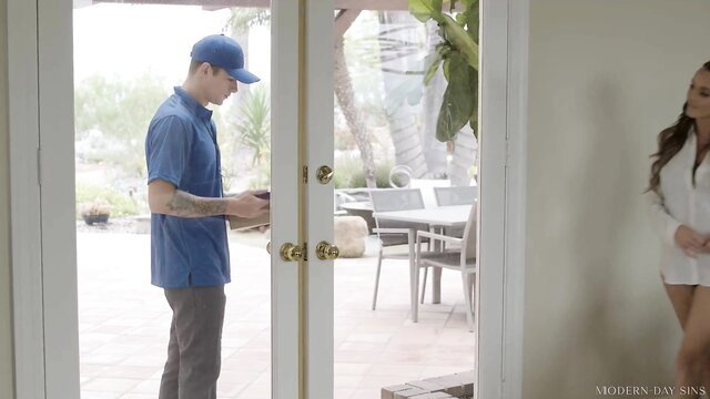 Pristine Edge in tight white shorts teases repairman at door