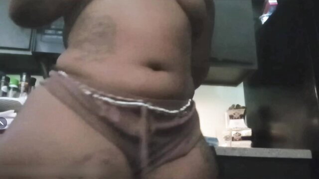 Nemesis thick belly bulge in lace panties, kitchen tease