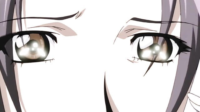 Closeup of seductive anime mother's intense hazel eyes and purple hair