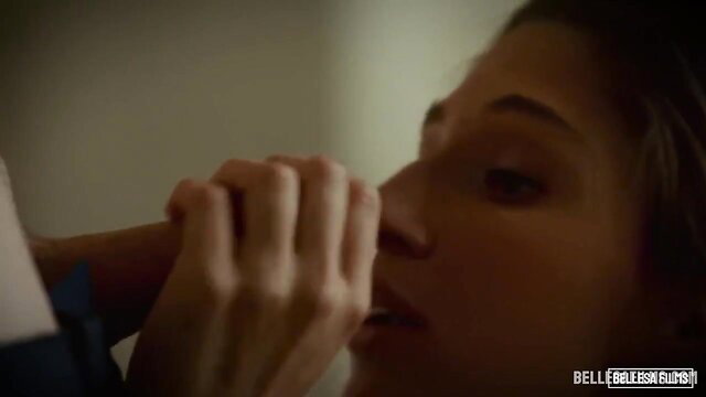 Closeup of busty brunette teen sucking cock in taboo daughter's friend scene