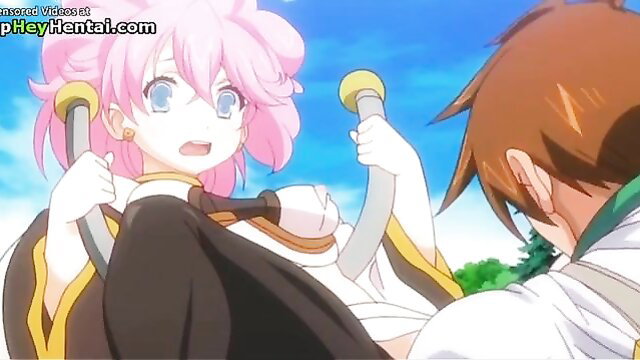 Pink-haired anime girl holds penis in JAV blowjob scene