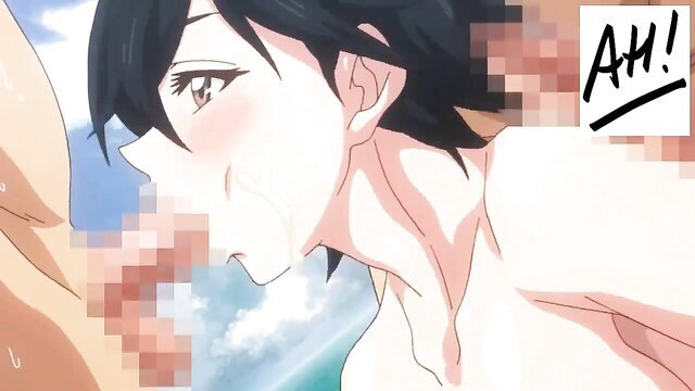 Anime femboy flushed ecstasy face closeup in censored hentai scene