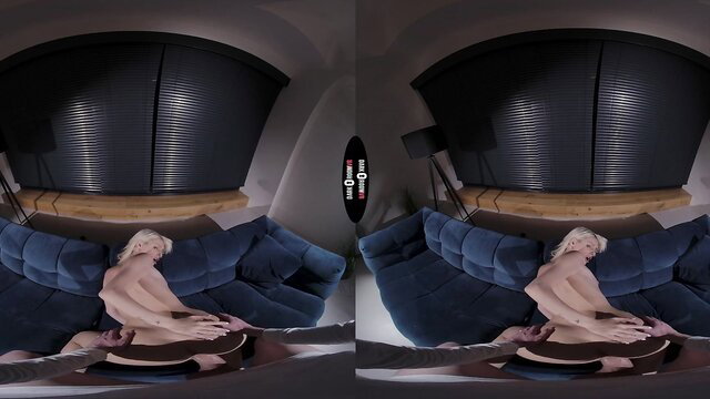 Blonde bombshell nude on blue couch in VR porn thumbnail