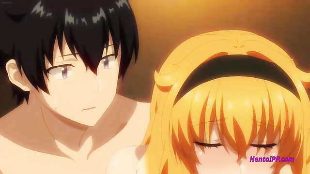 Blonde anime babe cuddles nude guy in sexy hentai massage scene