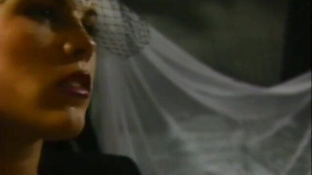 Seductive brunette in sheer veil and black dress closeup, sultry gaze
