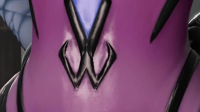 Giantess Widowmaker's purple latex crotch with glowing W emblem