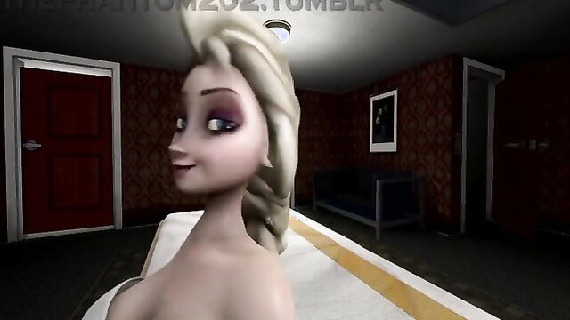 Nude Elsa from Frozen smiling in dim room, platinum blonde braid
