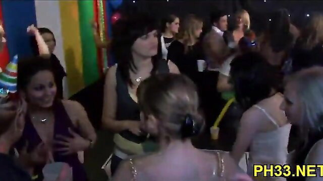Crowd of hot party girls dancing in tight dresses, big tits bouncing