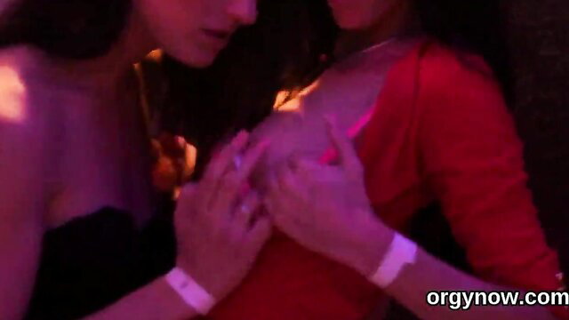 Two fervent Asian idols groping breasts passionately in gangbang scene