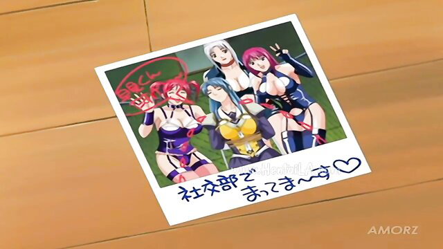 Four sexy anime girls in skimpy lingerie posing for hentai polaroid photo