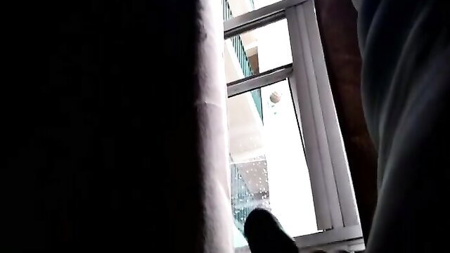 Hot Brazilian teen peeking through window POV, teasing view