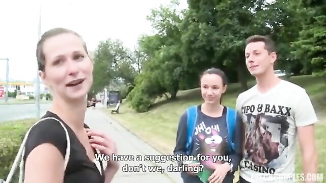 Blonde MILF tempts young brunette teen and guy for outdoor foursome