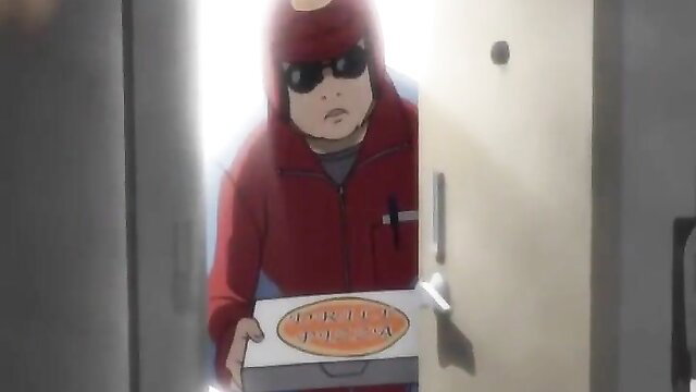 Anime pizza delivery guy in red hoodie at door with pizza box JAV thumbnail