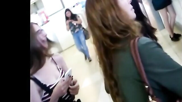 3 amateur upskirts on escalator, young Asian girls in short skirts