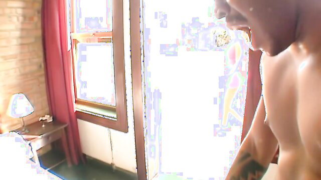 Hot Brazilian stud screaming in ecstasy, muscular tattooed body exposed