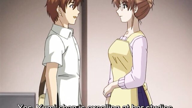 Cute Japanese schoolgirl Yumi-chan in apron chats with guy, JAV softcore