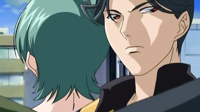 Two handsome anime guys in tight clothes, intense yaoi stare outdoors