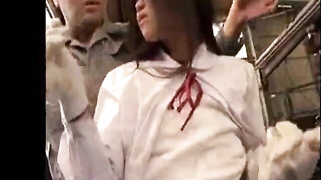 Asian schoolgirl in white blouse red tie groped by gloved man on stairs