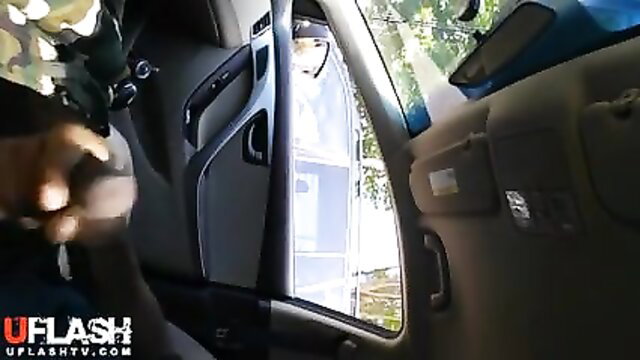 Amateur car flash: hand stroking cock while driving POV