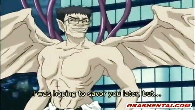 Muscular winged bat monster hentai stud with huge wings spreads arms