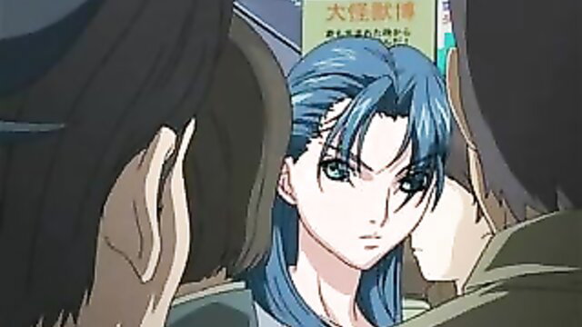 Blue-haired Asian JAV girl in crowded train with intense gaze