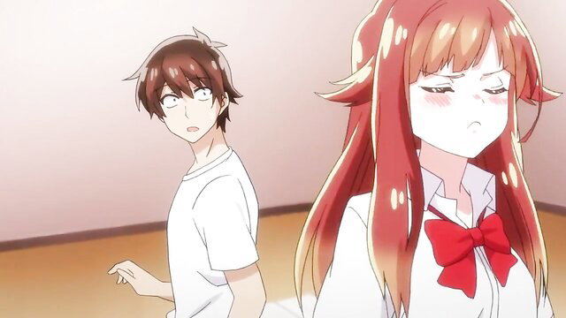 Anime stepsister in school uniform tsundere glare at shy guy, shower taboo tease