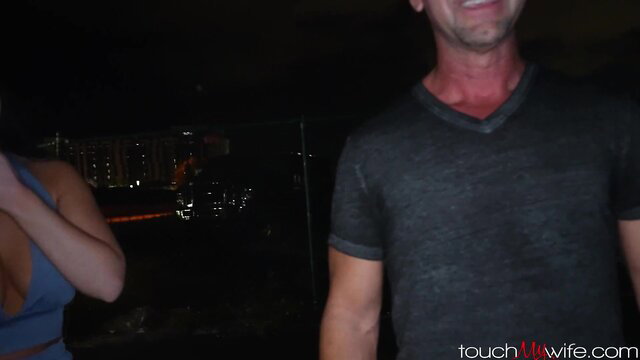 Alexa Payne in blue dress with stranger outdoors at night - TouchMyWife