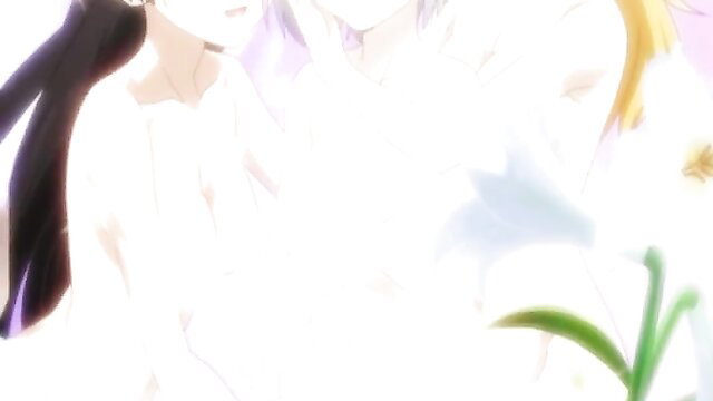 Anime hentai girls with long hair surrounded by flowers, soft glow effect