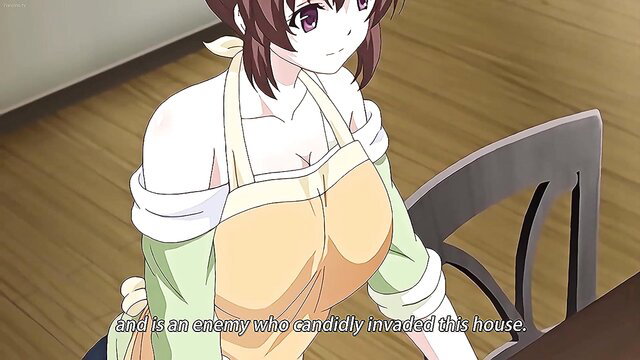 Busty apron anime girl smiling in JAV home invasion scene