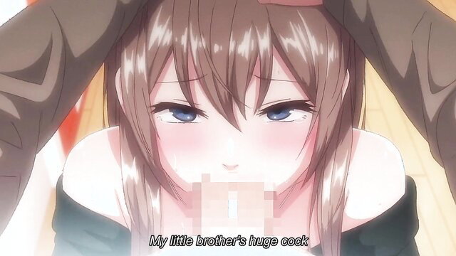 Anime girl with flushed face close-up on brother's huge cock censored