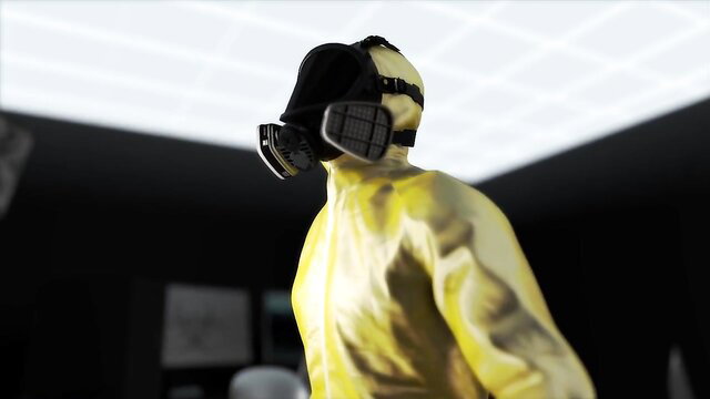 Yellow hazmat suited figure in gas mask, eerie lab fetish scene