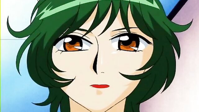 Anime green-haired girl with orange eyes in seductive JAV lesbian scene