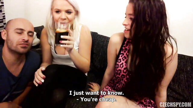 Blonde & Asian web whores tease bald guy at sex party on couch