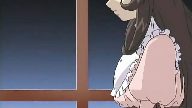 Anime hentai girl in pink dress by window, cleavage tease