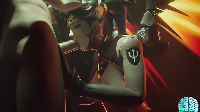 Animated Mercy in sexy suit sucking cock, fiery glow, intense blowjob