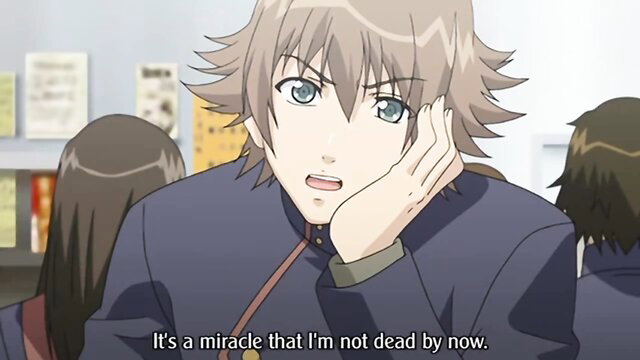 Anime boy in school uniform surprised in classroom hentai scene