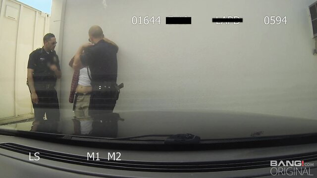 Hot chick in white shorts fucked against cop car by muscular officer